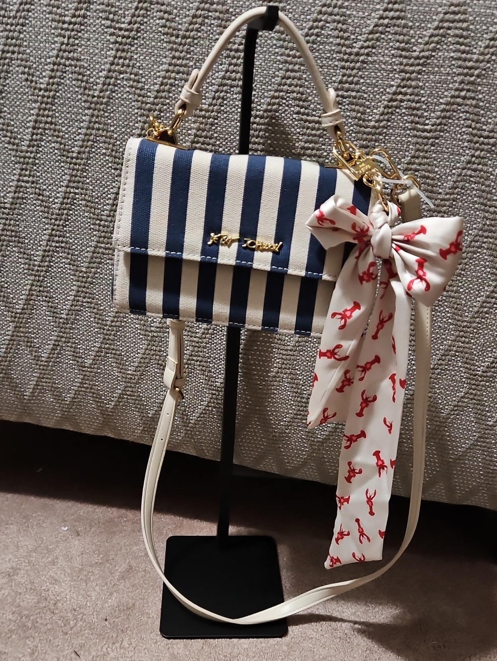 Betsey Johnson XOJules Blue/White Stripe Crossbody Purse with Lobster Ribbon Bow